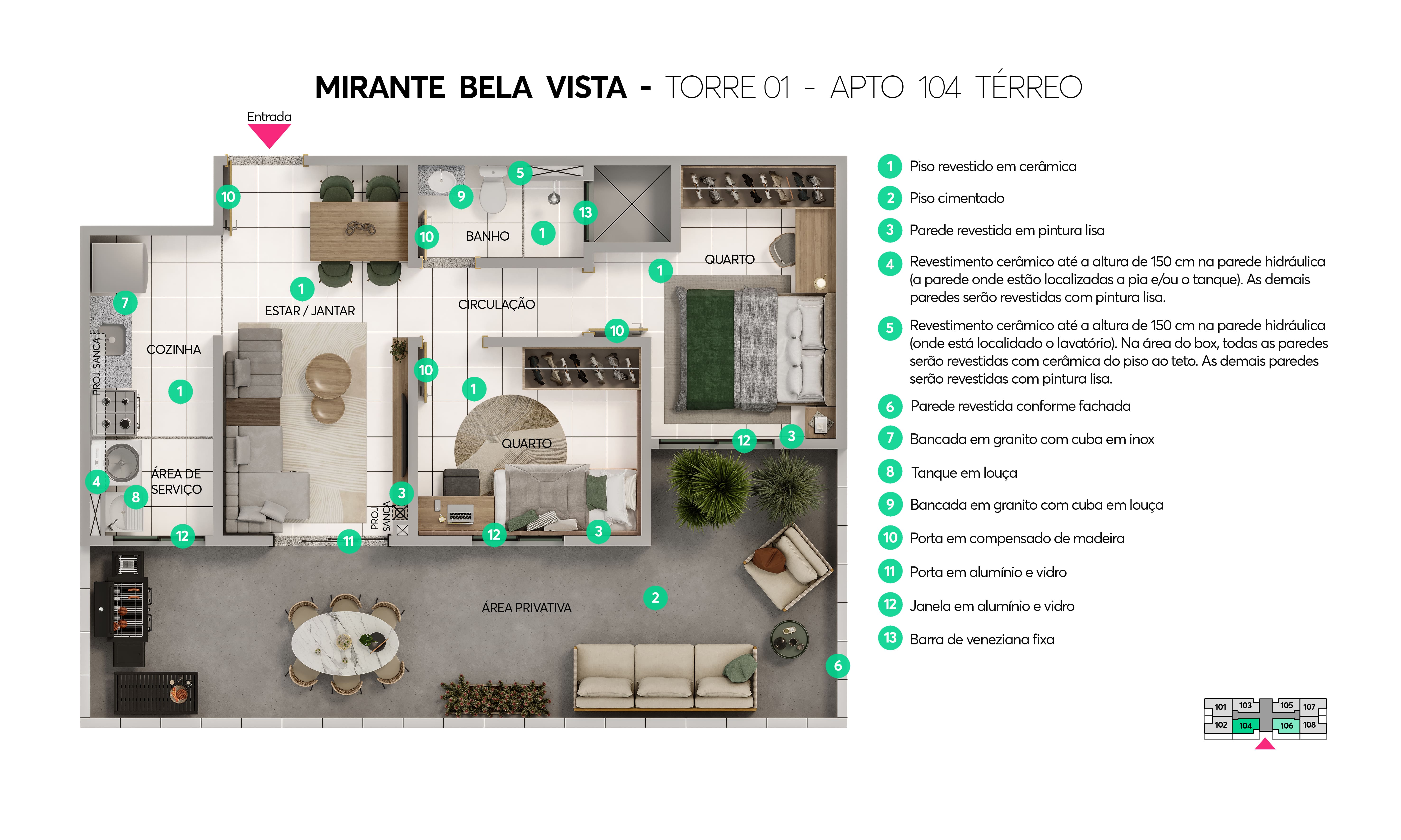Planta - Torre 01 - Apto. 104 - Mirante Bela Vista MRV Manaus