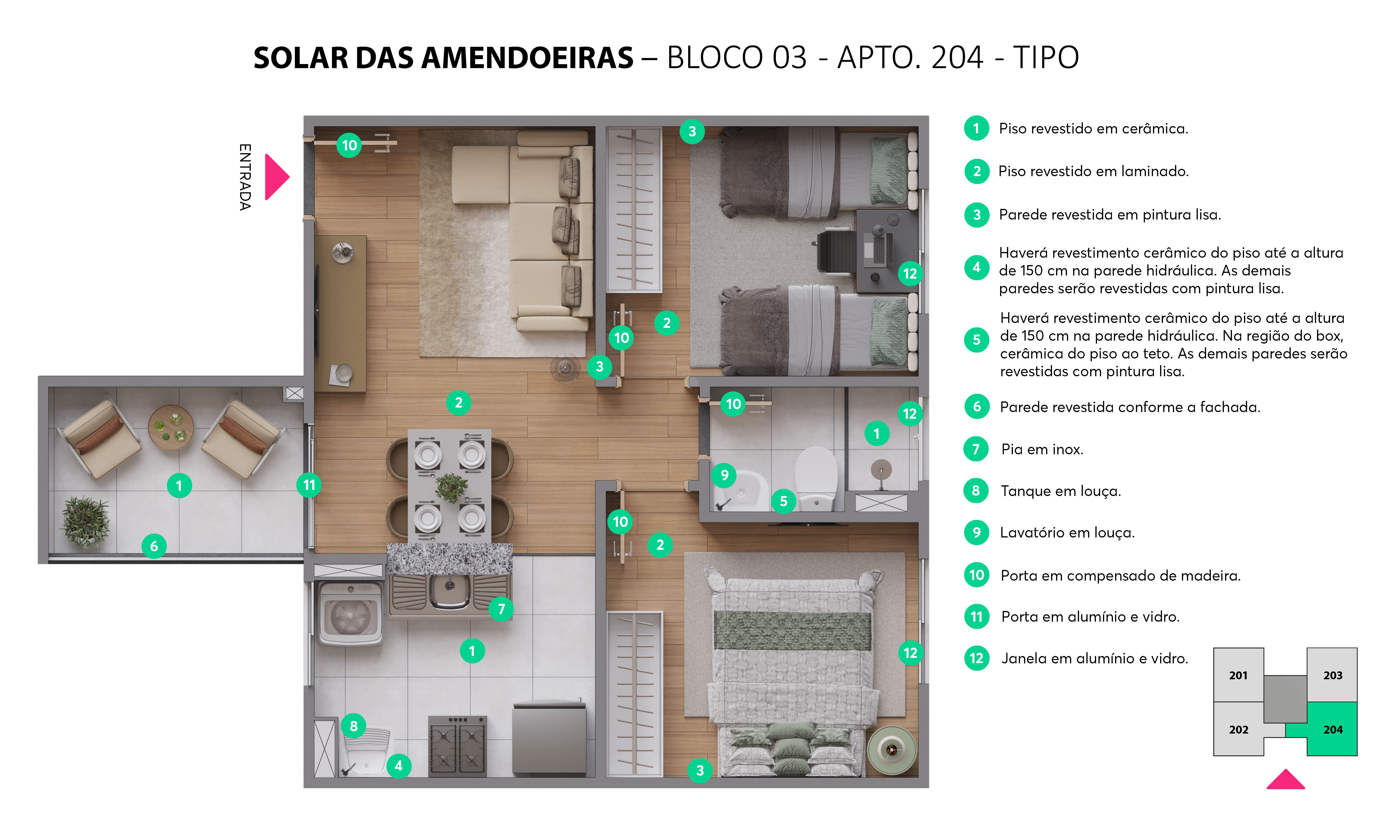 Planta - Bloco 03 - Apto. 204 - Solar das Amendoeiras MRV Camaçari