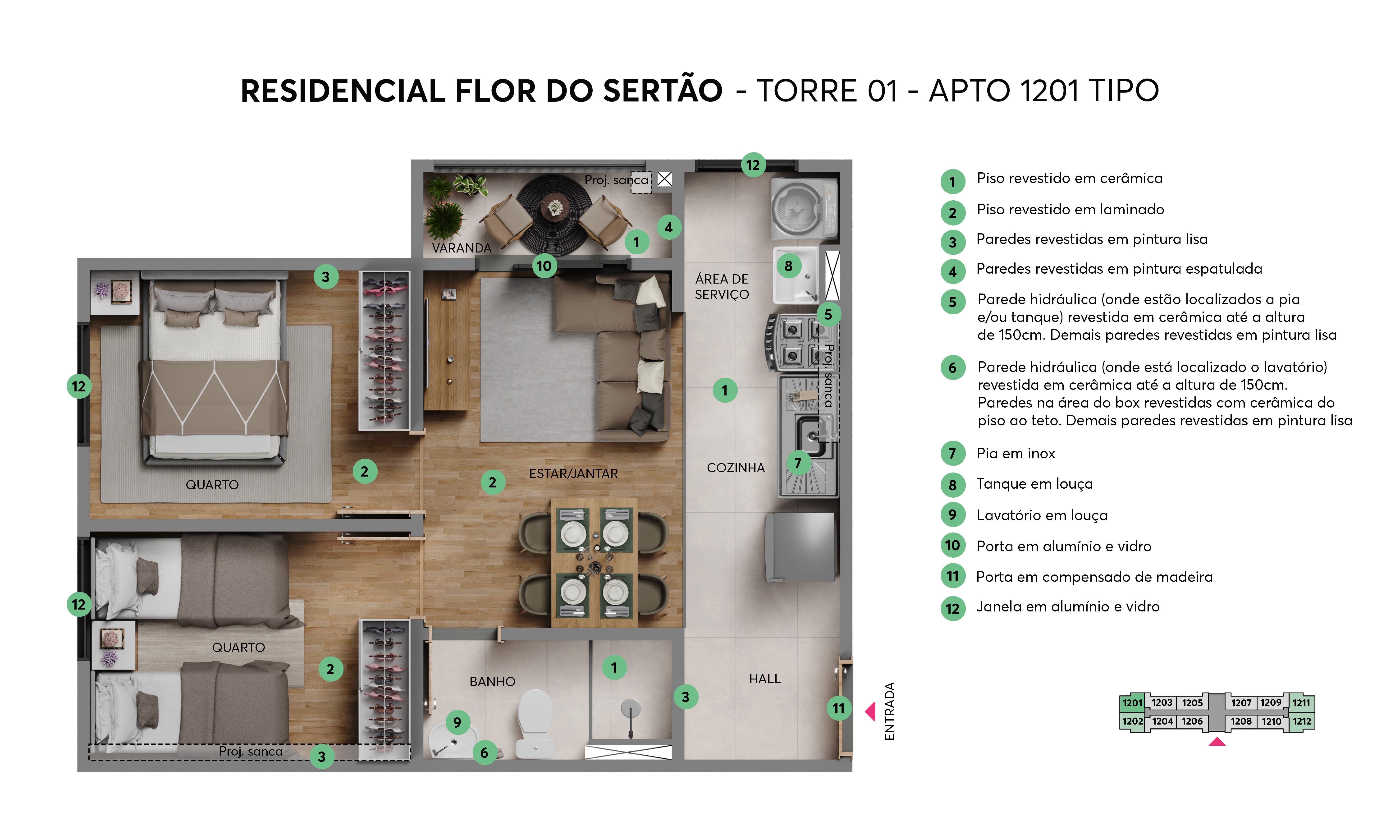Resid. Flor do Sertão MRV Fortaleza - Planta - Torre 01 - Apto. 1201