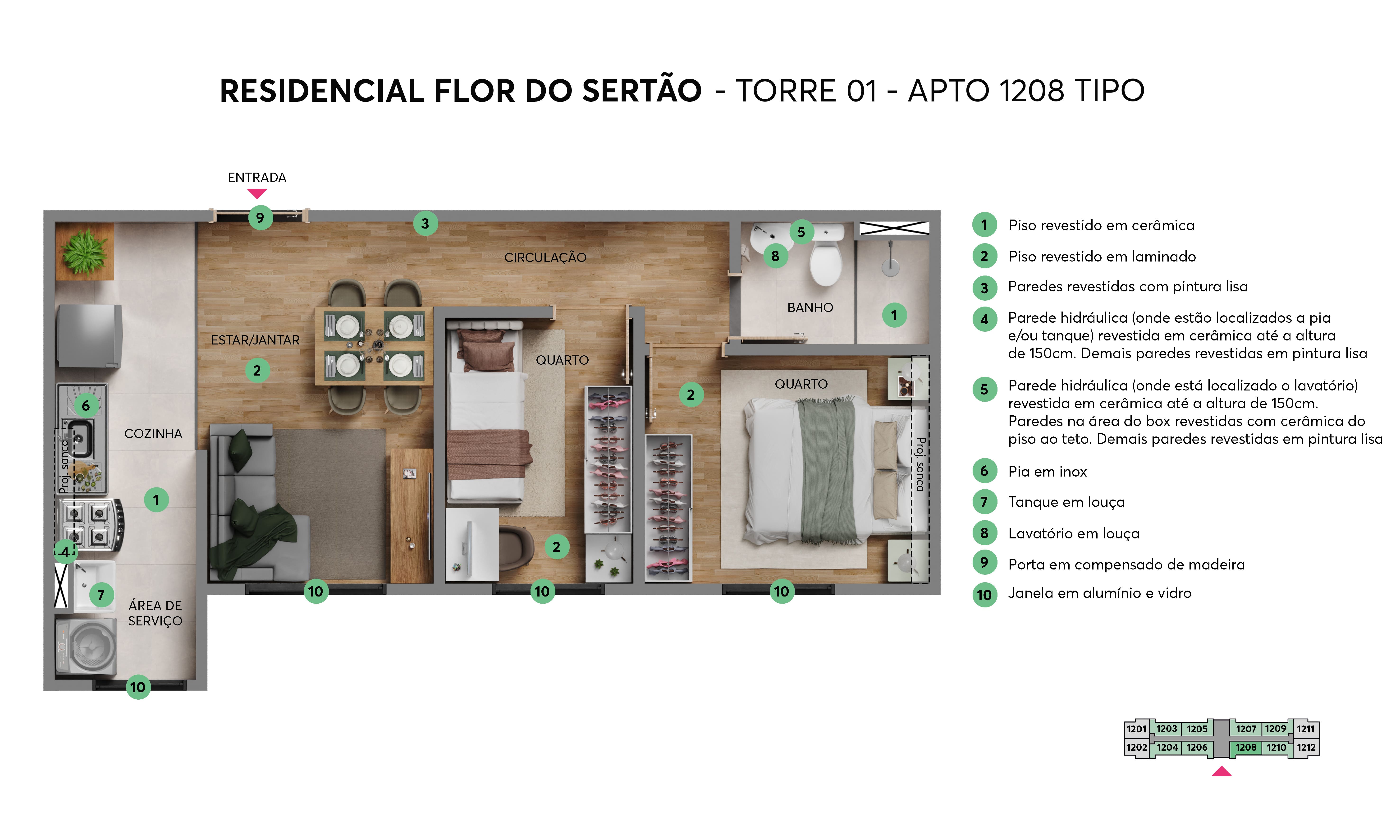 Resid. Flor do Sertão MRV Fortaleza - Planta - Torre 01 - Apto. 1208