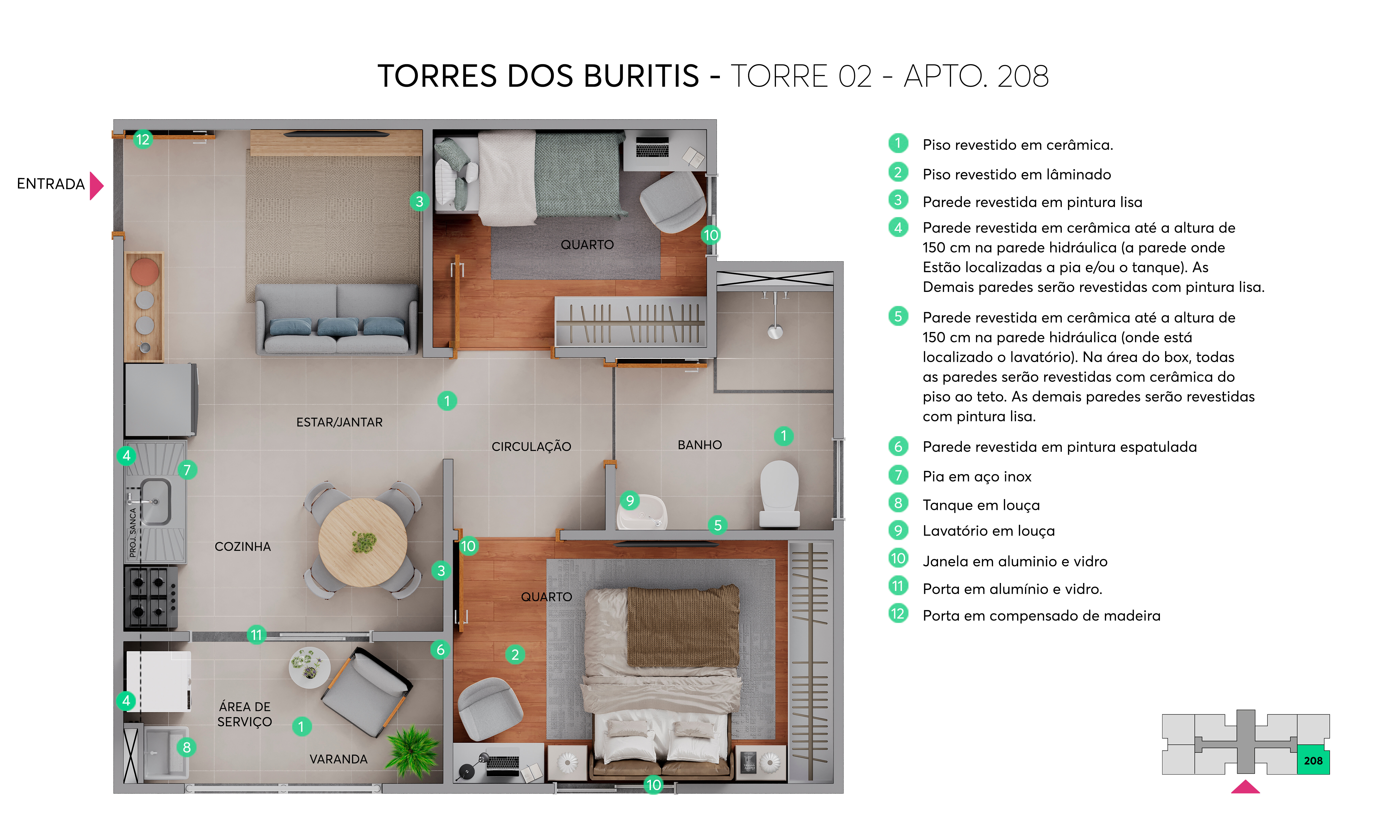 Planta - Torre 02 - Apto. 208 - Torres dos Buritis MRV Brasília