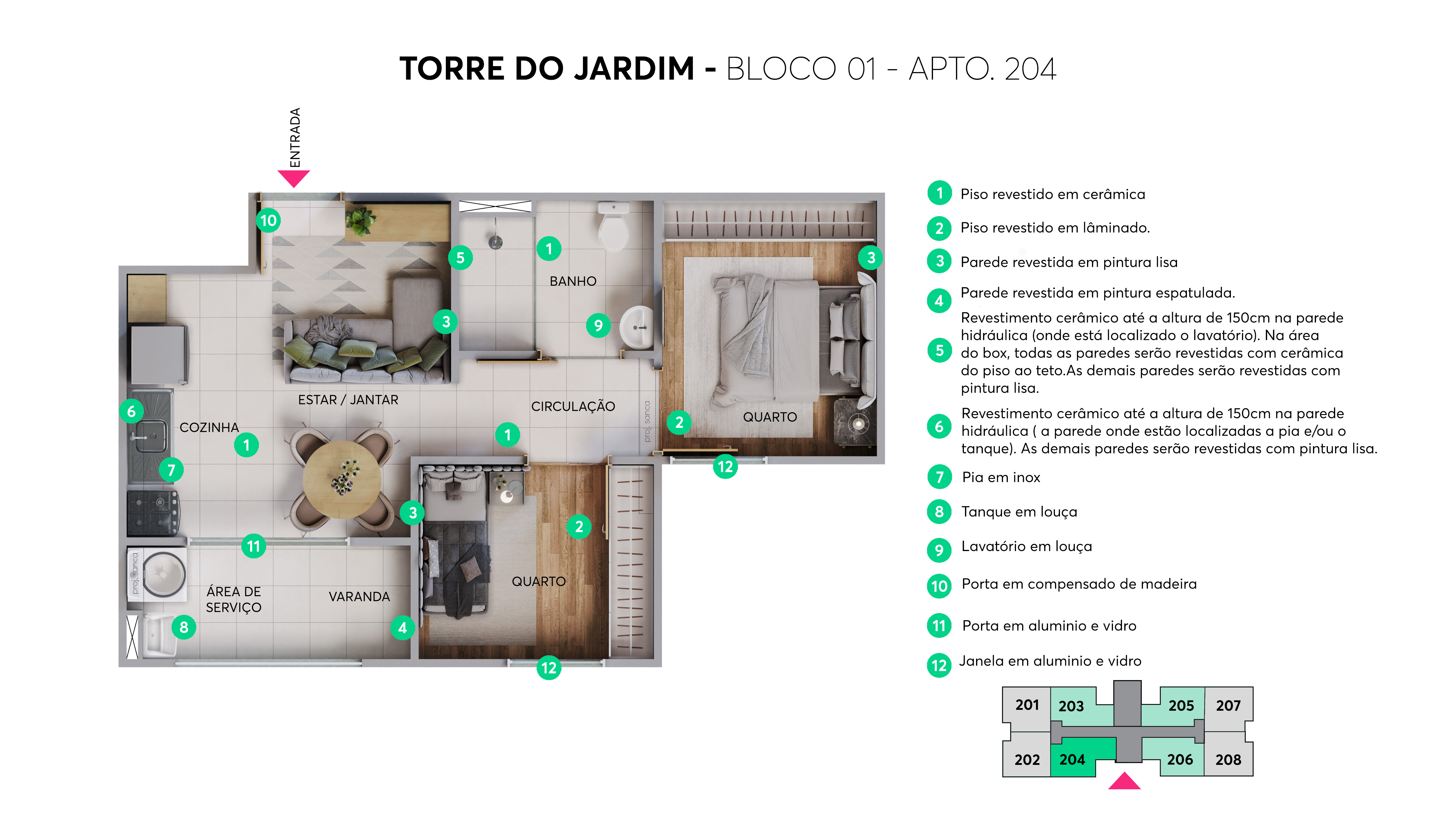 Planta - Bloco 01 - Apto. 204 Torres do Jardim MRV Santa Maria