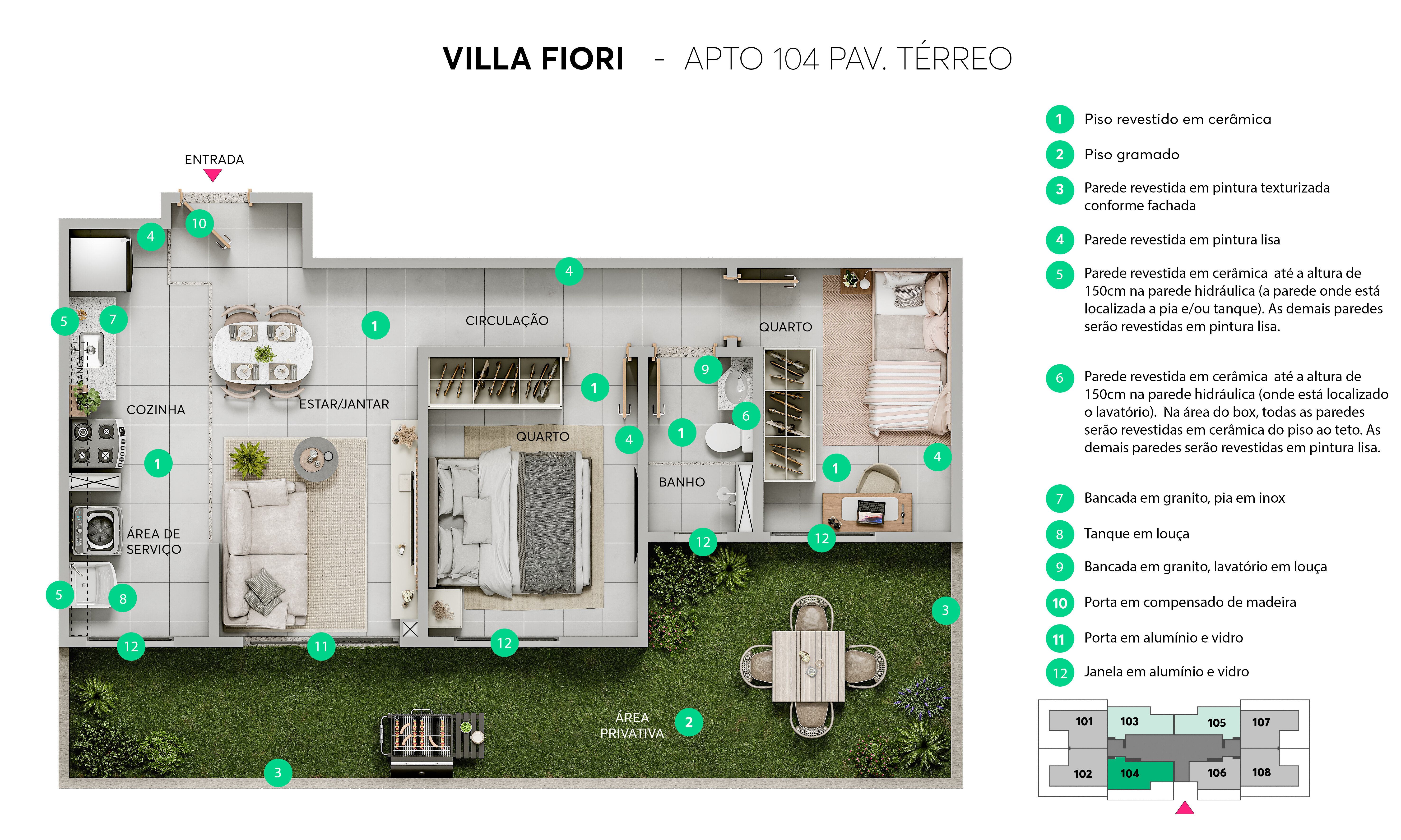 Planta - Térreo - Apto. 104 - Villa Fiori MRV Belo Horizonte