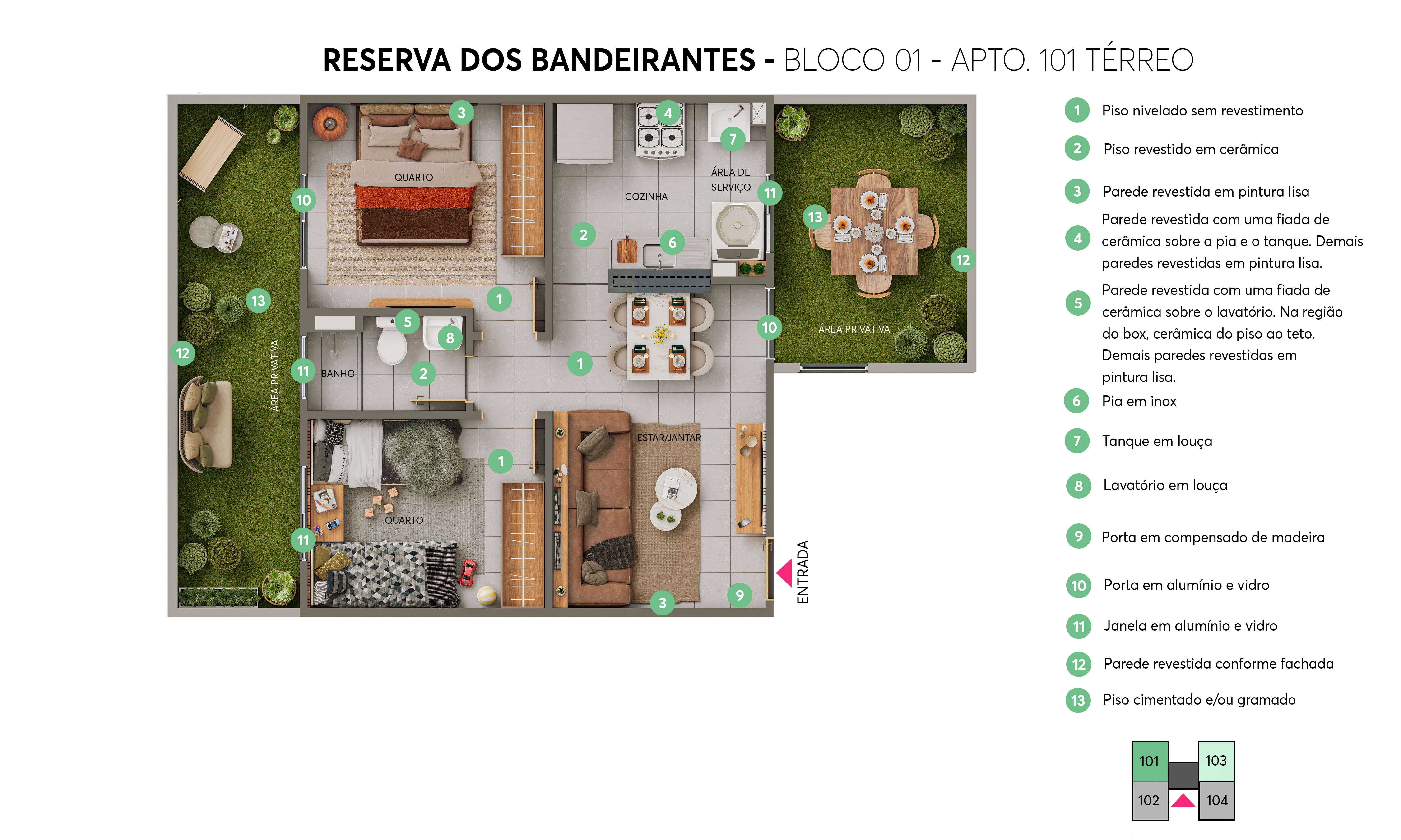 Planta - Apto. 101 - Bloco 01 - Reserva dos Bandeirantes MRV Uberaba