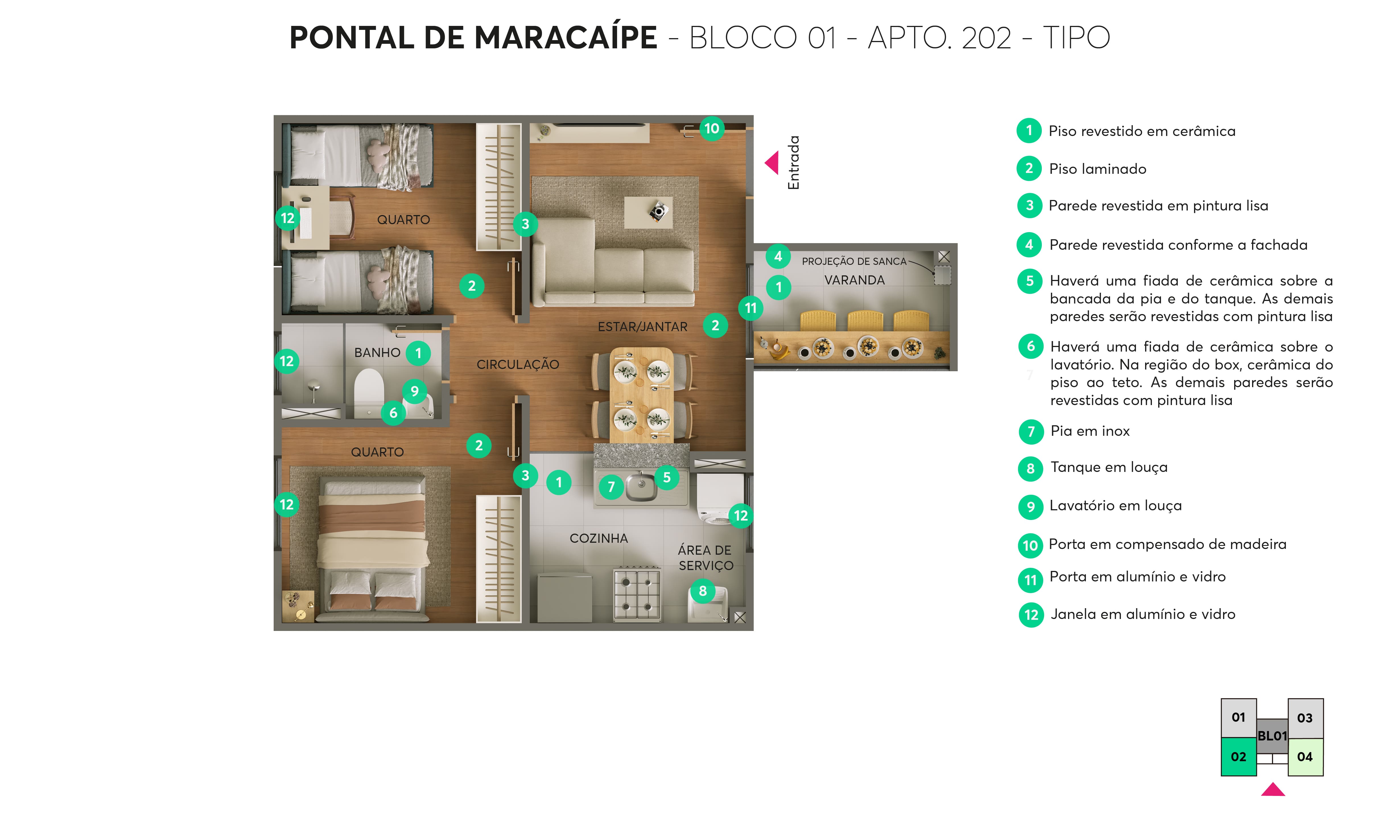 Planta - Bloco 01 - Apto. 202 - Pontal de Maracaípe MRV Paulista