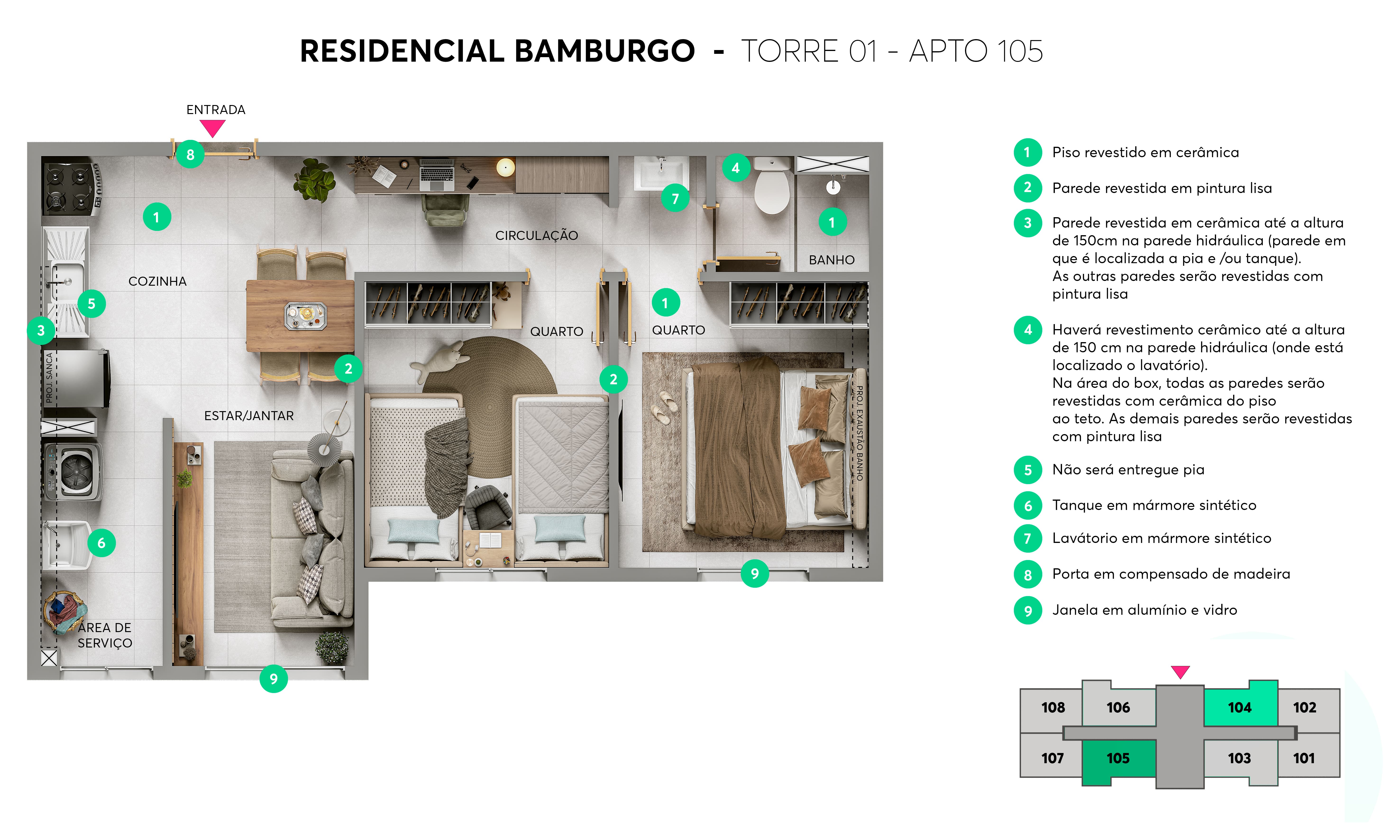Planta - Torre 01 - Apto. 105 - Residencial Bamburgo MRV Blumenau
