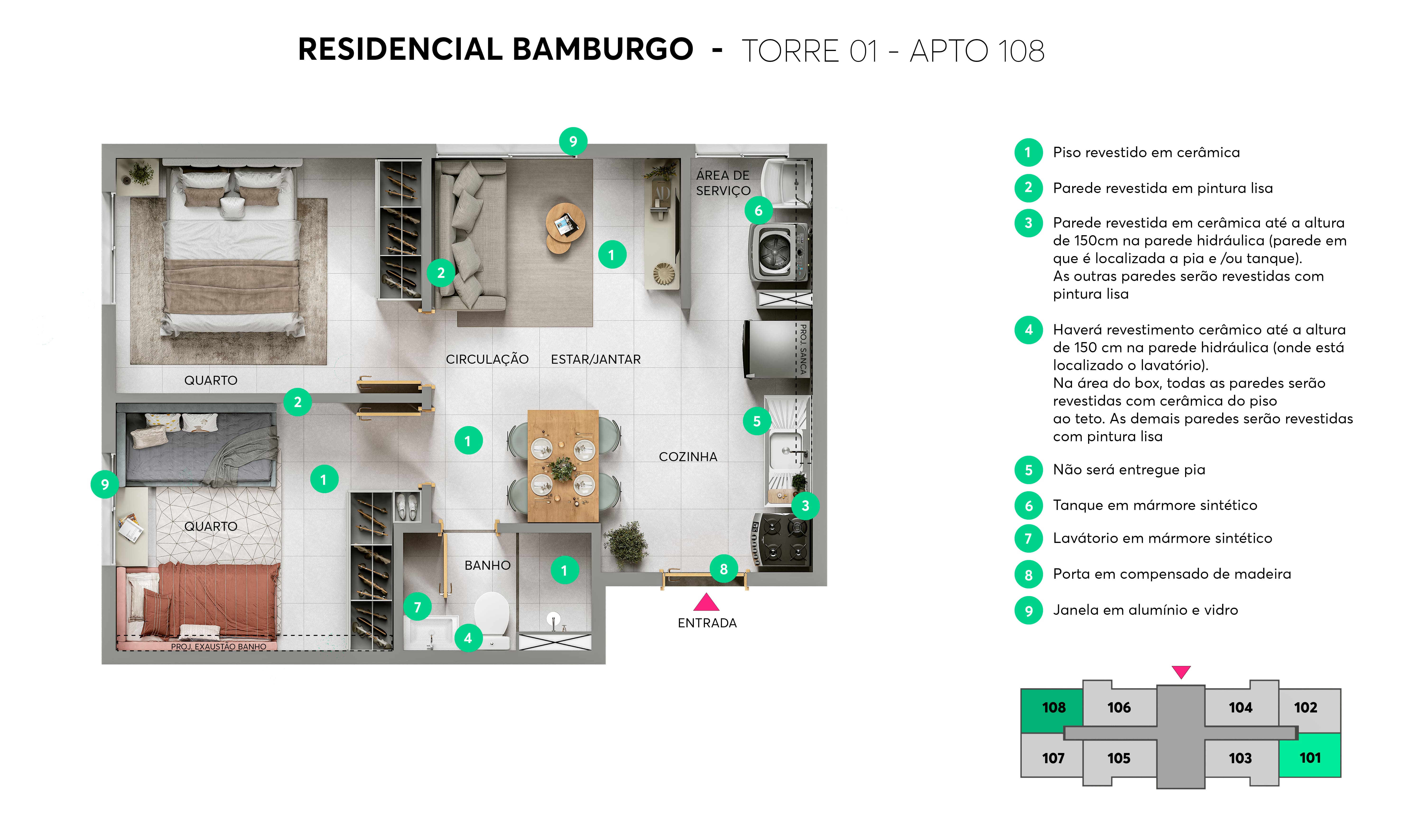Planta - Torre 01 - Apto. 108 - Residencial Bamburgo MRV Blumenau