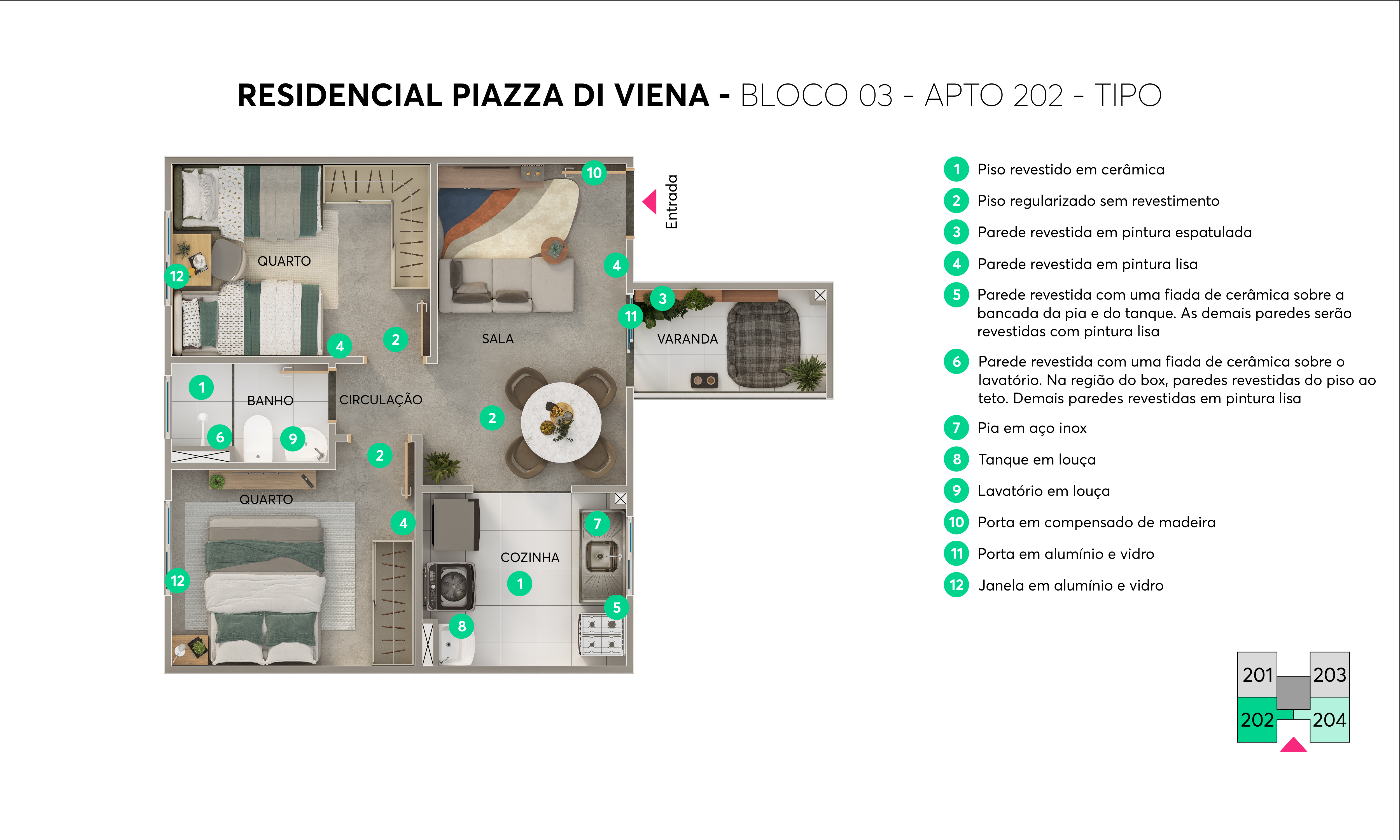 Planta - Bloco 03 - Apto. 202 - Piazza di Viena MRV Piracicaba