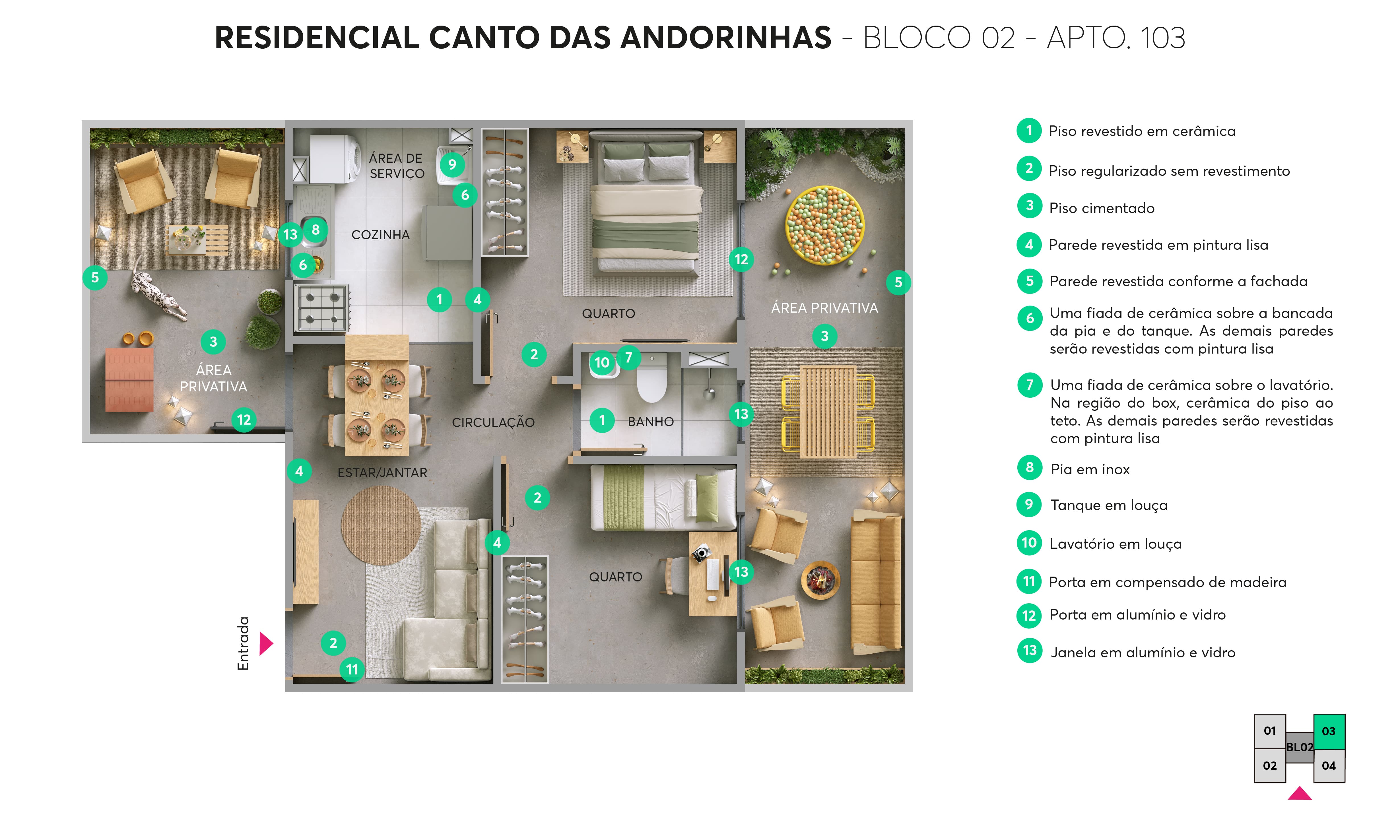 Planta - Bloco 02 - Apto. 103 - Residencial Canto das Andorinhas MRV Ribeirão Preto
