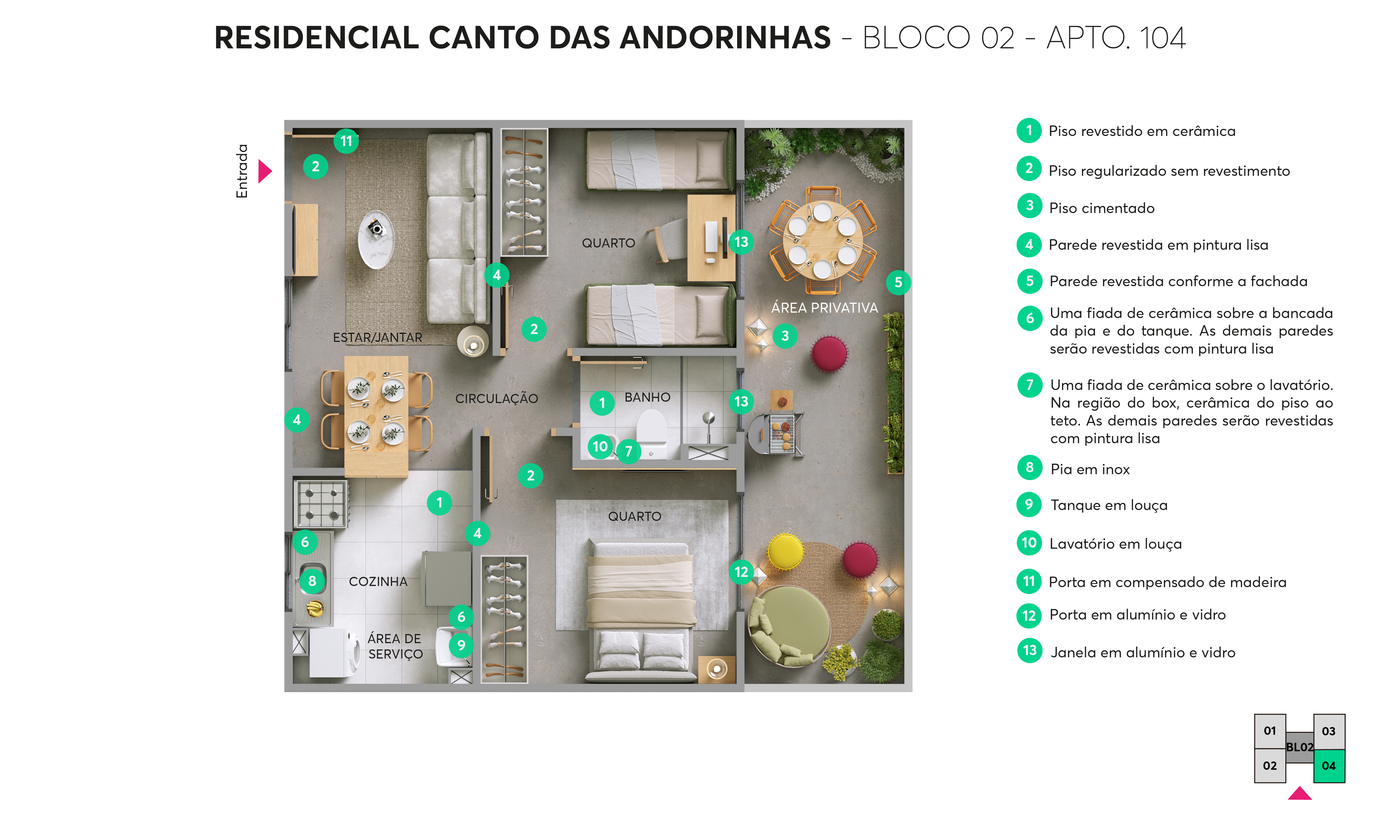 Planta - Bloco 02 - Apto. 104 - Residencial Canto das Andorinhas MRV Ribeirão Preto