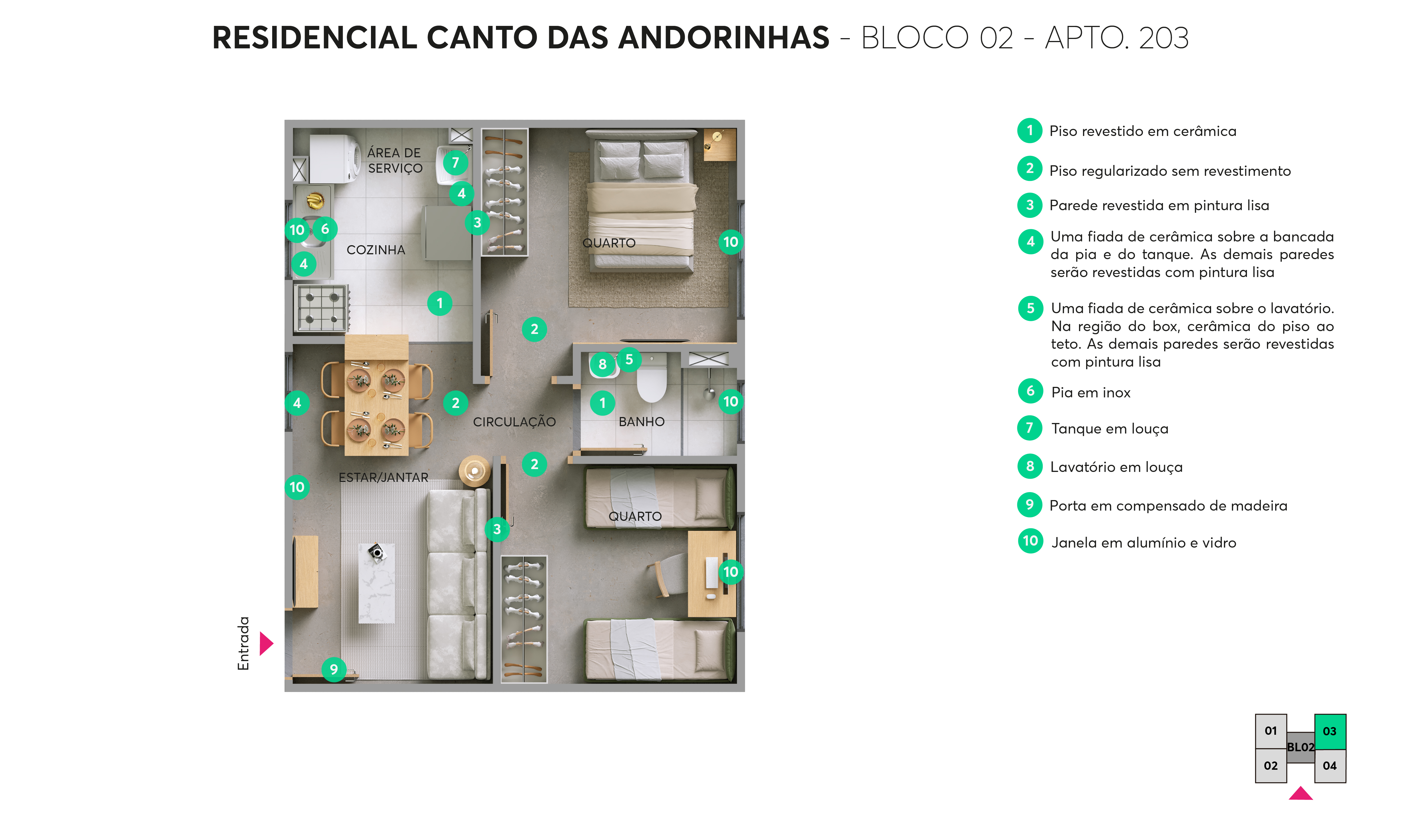 Planta - Bloco 02 - Apto. 203 - Residencial Canto das Andorinhas MRV Ribeirão Preto