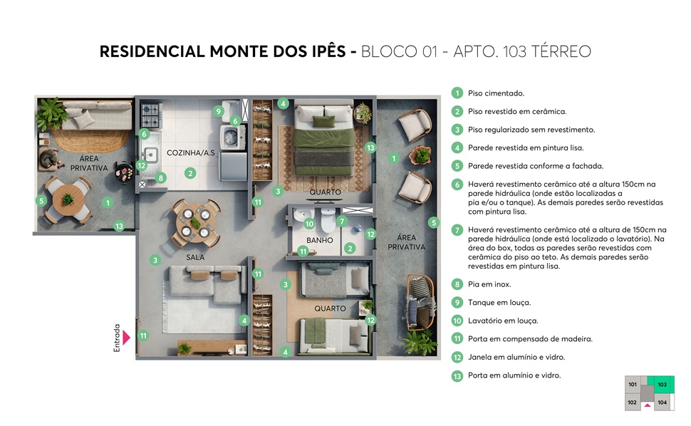 Planta Apartamento 103 Residencial Monte dos Ipês MRV São Carlos