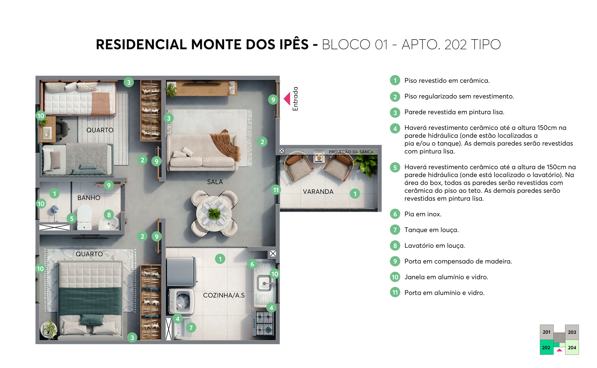 Planta Apartamento 202 Residencial Monte dos Ipês MRV São Carlos