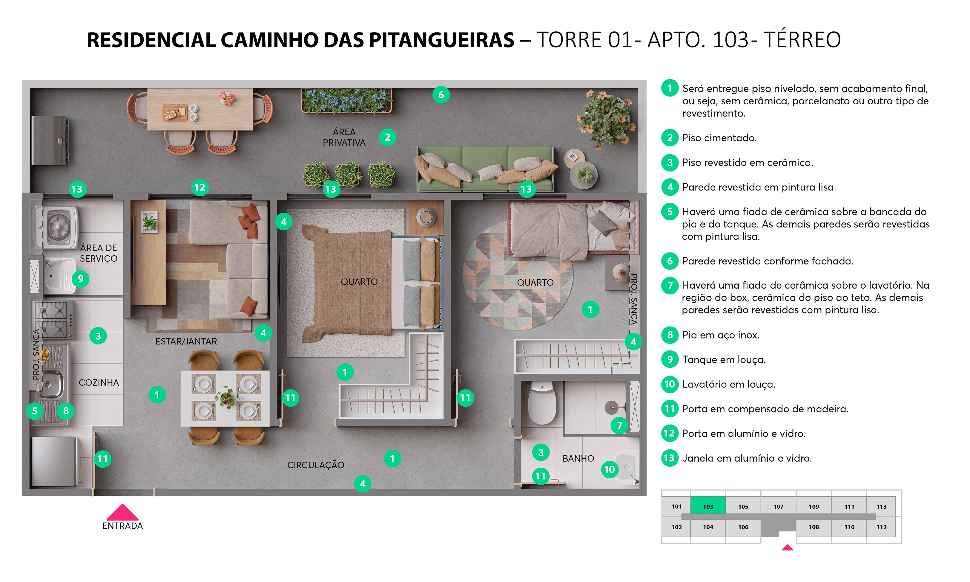 Planta - Torre 01 - Apto. 103 - Resid. Caminho das Pitangueiras MRV São José dos Campos