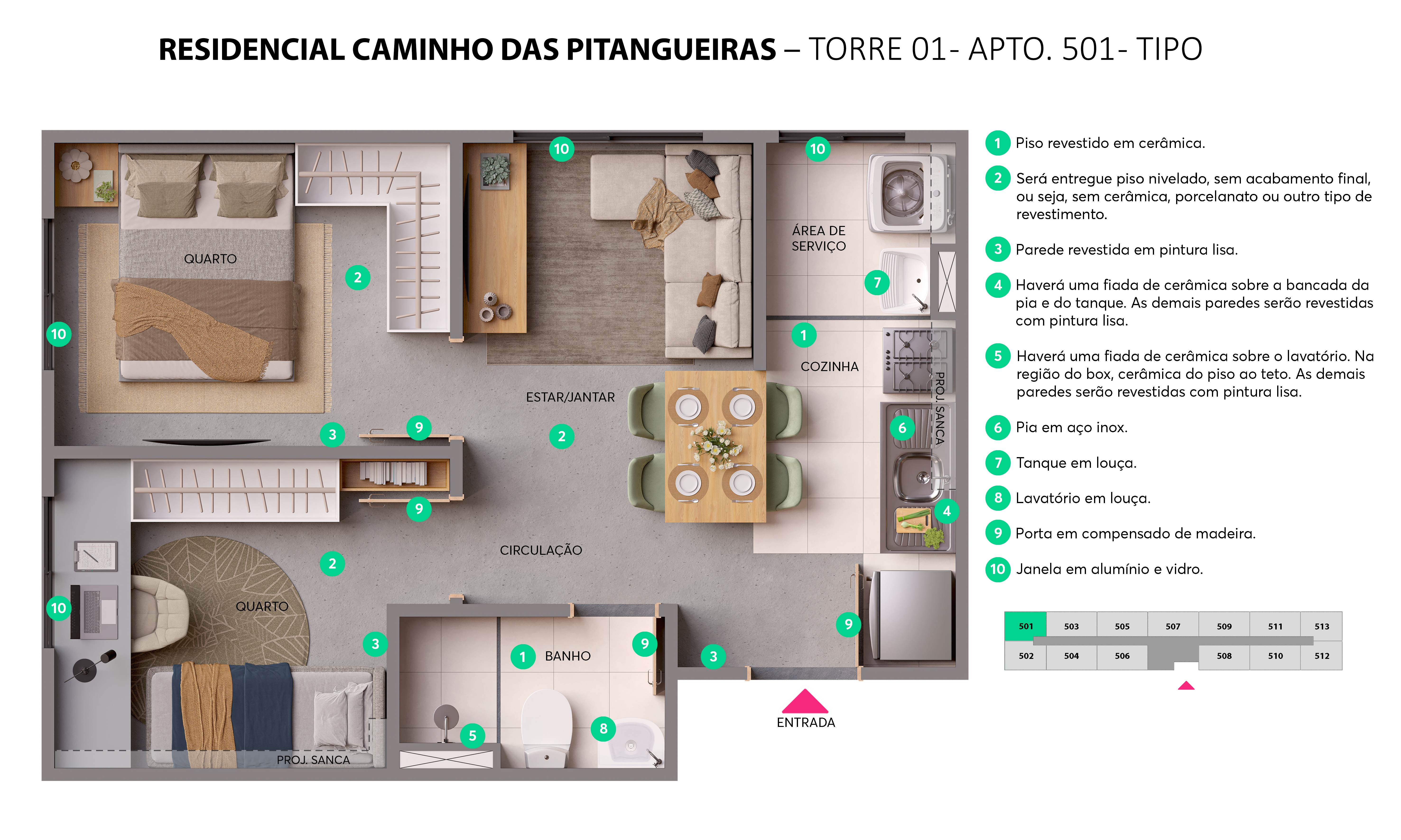 Planta - Torre 01 - Apto. 501 - Resid. Caminho das Pitangueiras MRV São José dos Campos
