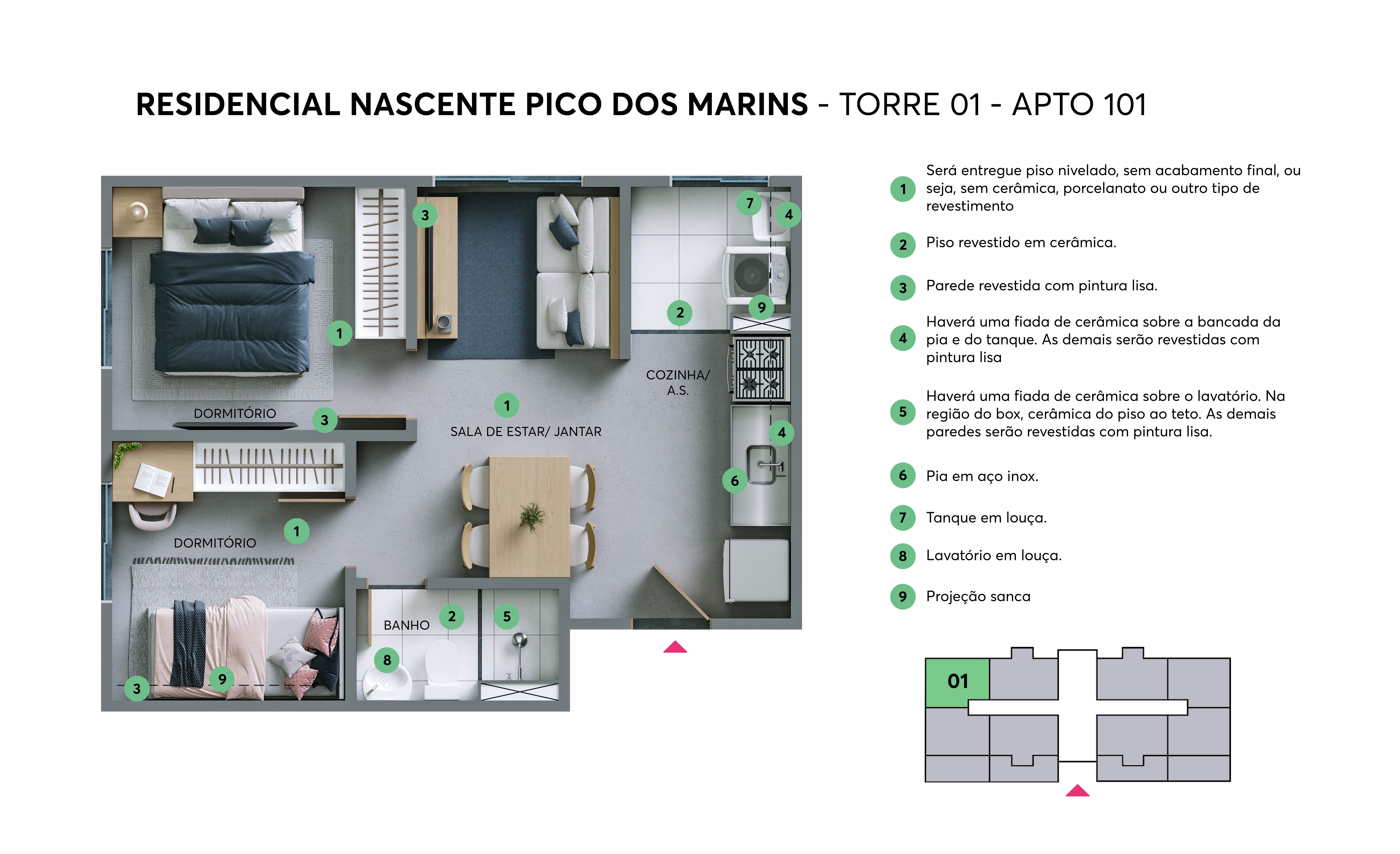 Planta - Torre 01 - Apto. 101 - Resid. Nascente Pico dos Marins MRV São Paulo
