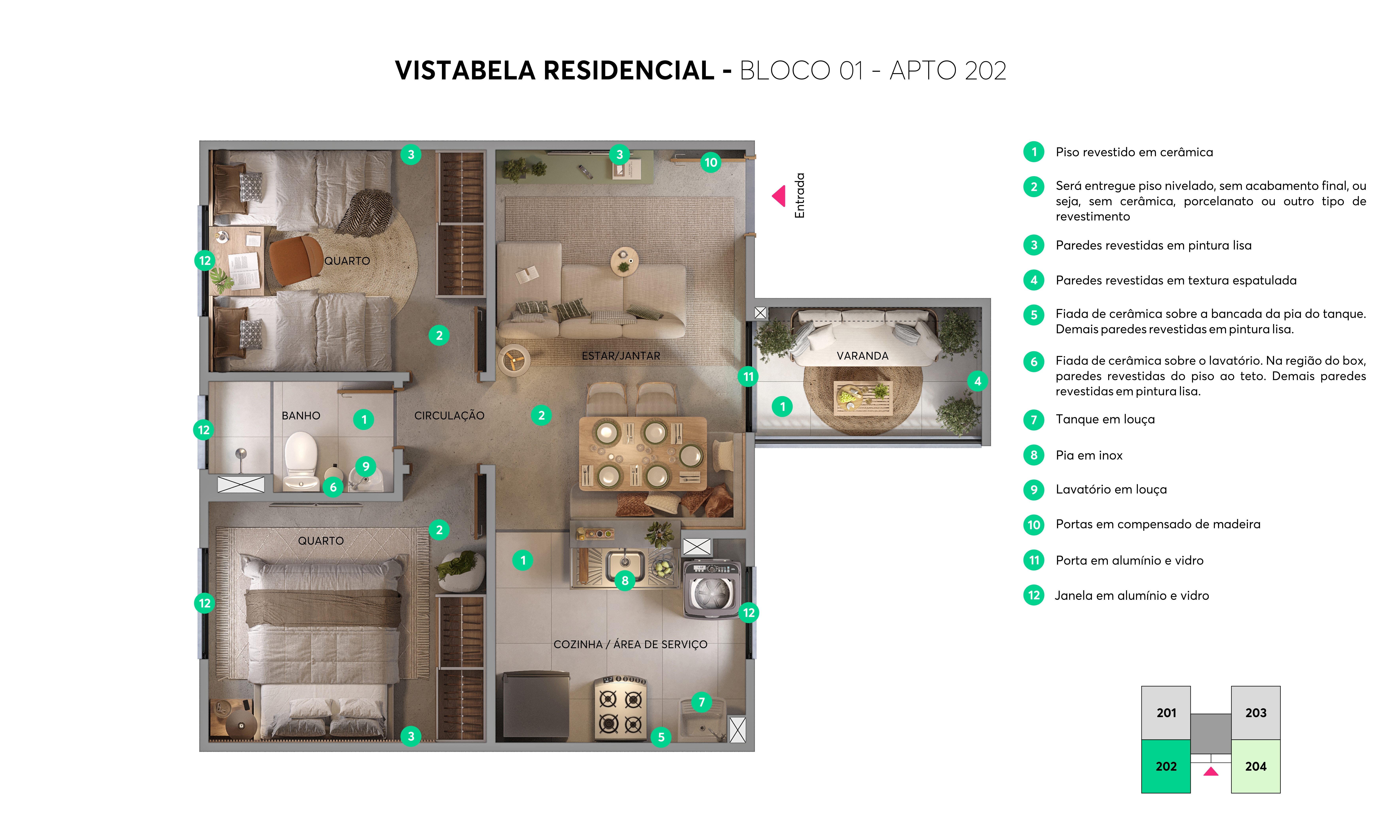 Planta - Bloco 01 - Apto 202 Vistabela Residence MRV Vargem Grande Paulista
