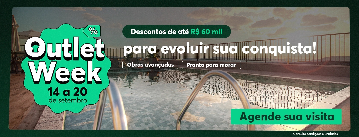 Peça promocional da Outlet Week, de 14 a 20 de setembro, com destaque para descontos de até R$ 60 mil. A arte exibe área de lazer com piscina e informa condições como obras avançadas e pronto para morar, com chamada para agendar uma visita.
